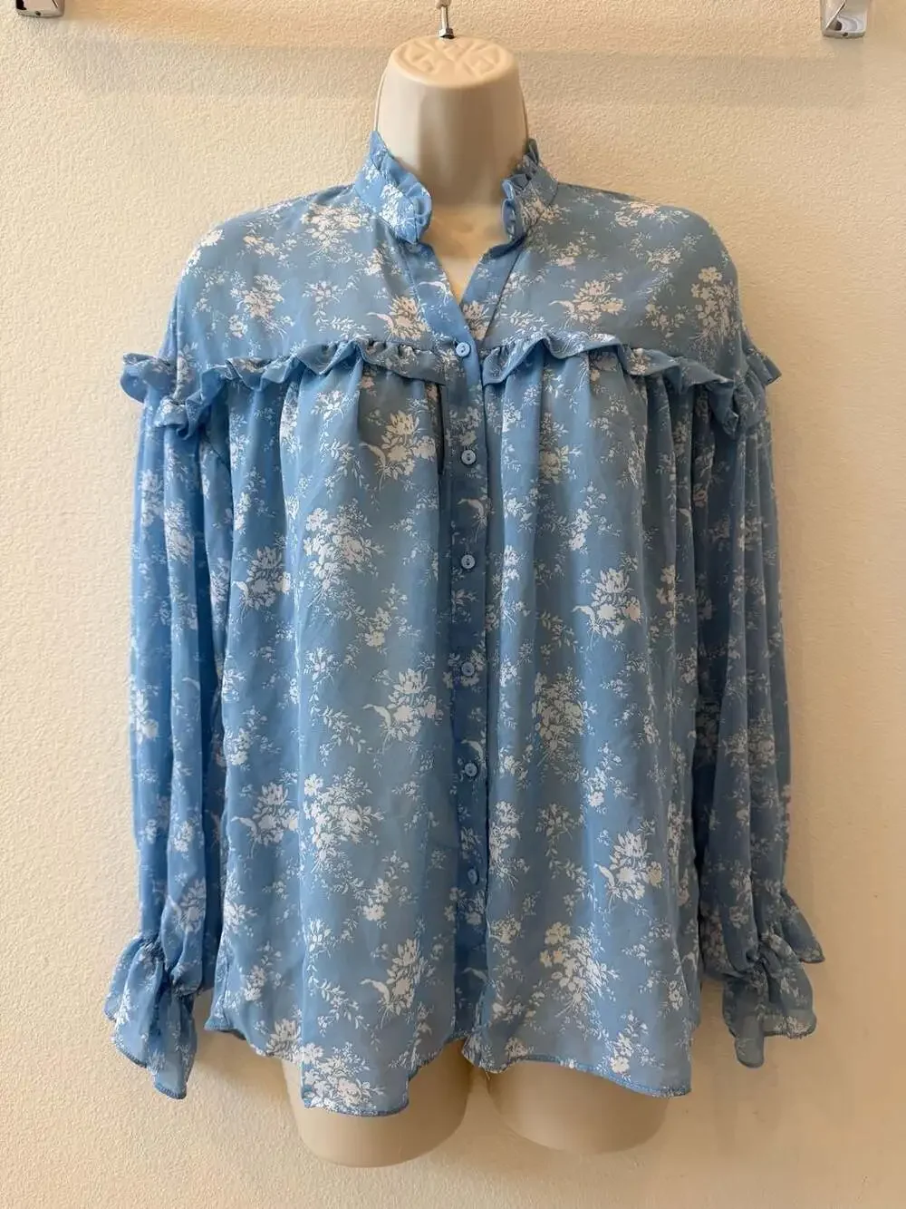 Zara Blue and White Floral Print Ruffle Long Sleeve Blouse